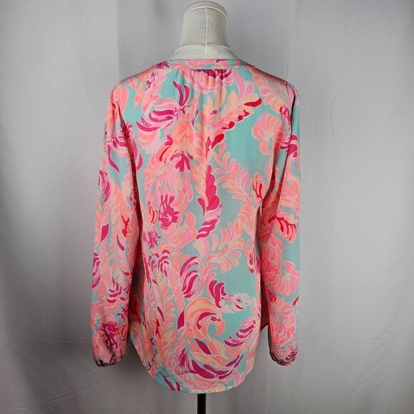 Lilly Pulitzer Stacey Silk Top Blouse Small Long Sleeve Pink Blue - Picture 4 of 14